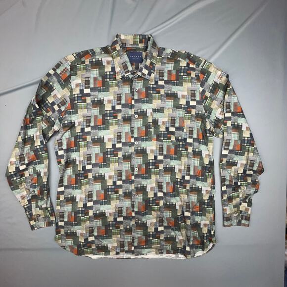 Calder Carmel Button Up Shirt Mens L Green Earth Toned Patchwork Limited Edition - Picture 1 of 7